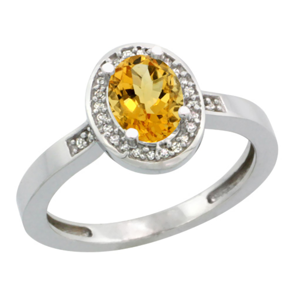 10K White Gold Diamond Natural Citrine Engagement Ring Oval 7x5mm, sizes 5-10