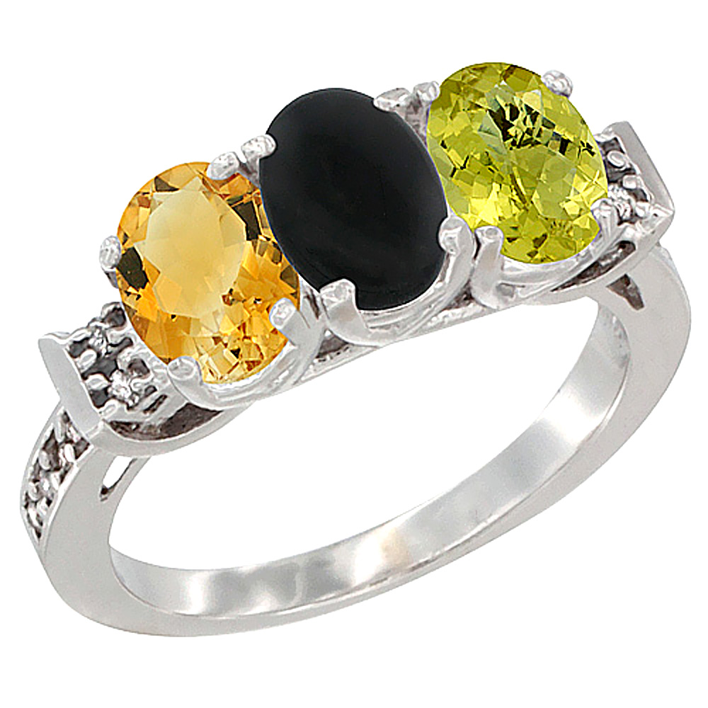 14K White Gold Natural Citrine, Black Onyx & Lemon Quartz Ring 3-Stone 7x5 mm Oval Diamond Accent, sizes 5 - 10
