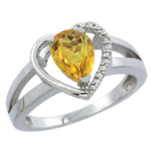 10K White Gold Natural Citrine Heart Ring Pear 7x5 mm Diamond Accent, sizes 5-10