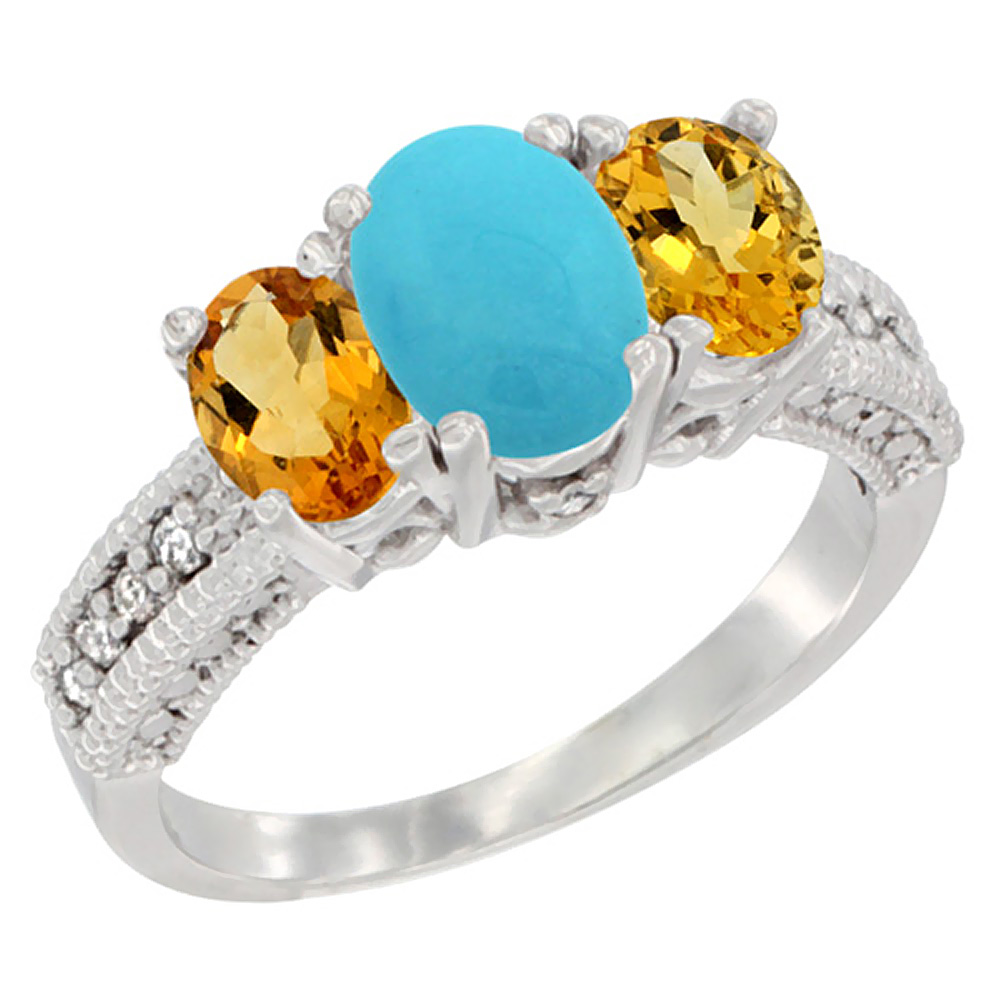 14K White Gold Diamond Natural Turquoise Ring Oval 3-stone with Citrine, sizes 5 - 10