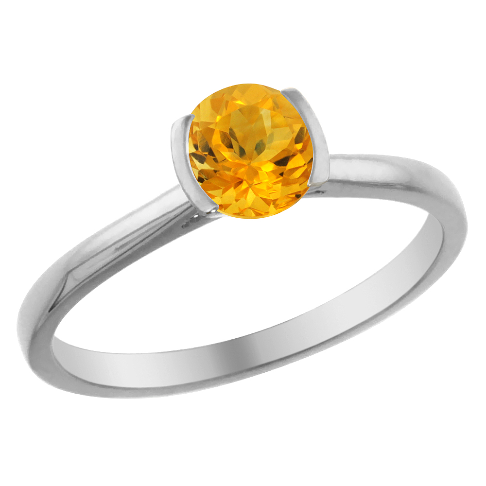 14K White Gold Natural Citrine Solitaire Ring Round 5mm, sizes 5 - 10