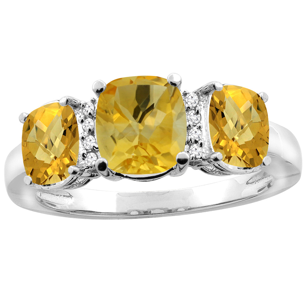 10K White Gold Natural Citrine & Whisky Quartz 3-stone Ring Cushion 8x6mm Diamond Accent, sizes 5 - 10
