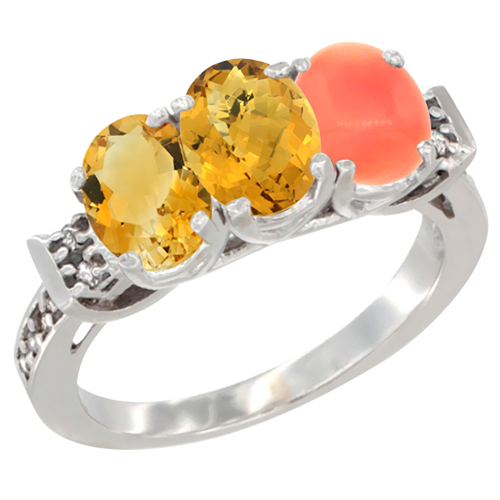 10K White Gold Natural Citrine, Whisky Quartz & Coral Ring 3-Stone Oval 7x5 mm Diamond Accent, sizes 5 - 10