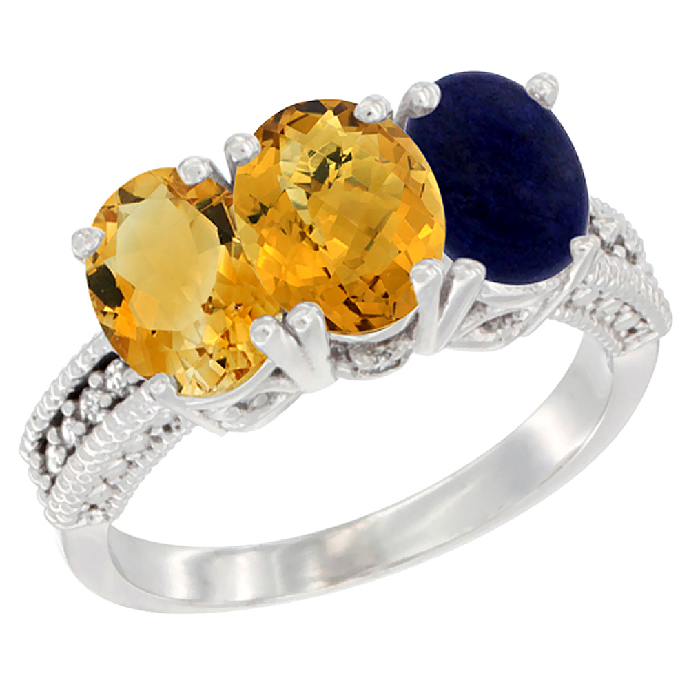 10K White Gold Natural Citrine, Whisky Quartz & Lapis Ring 3-Stone Oval 7x5 mm Diamond Accent, sizes 5 - 10