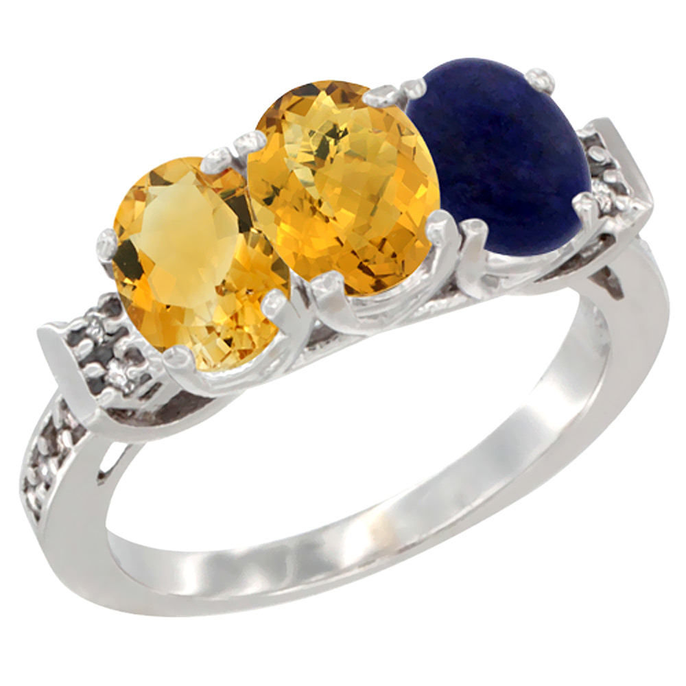 10K White Gold Natural Citrine, Whisky Quartz & Lapis Ring 3-Stone Oval 7x5 mm Diamond Accent, sizes 5 - 10
