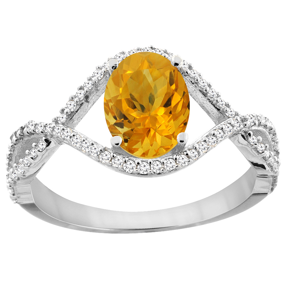 10K White Gold Natural Citrine Ring Oval 8x6 mm Infinity Diamond Accents, sizes 5 - 10