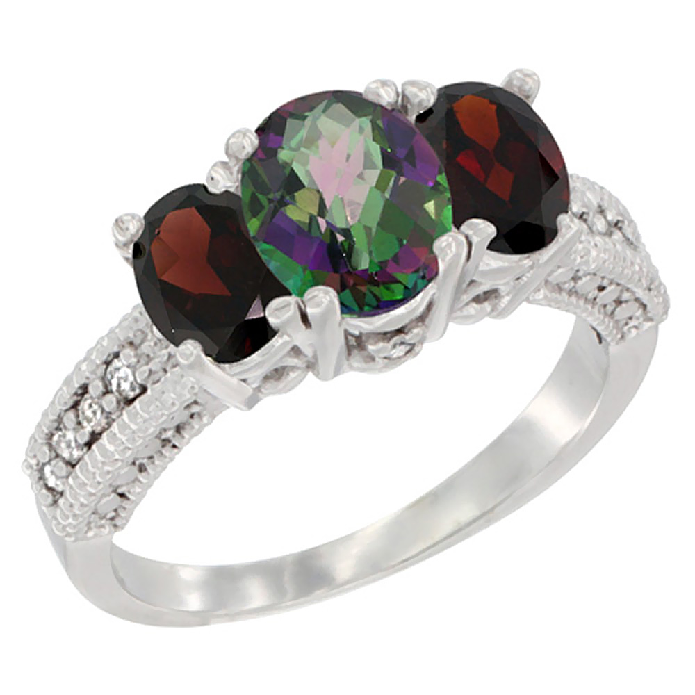 14K White Gold Diamond Natural Mystic Topaz Ring Oval 3-stone with Garnet, sizes 5 - 10