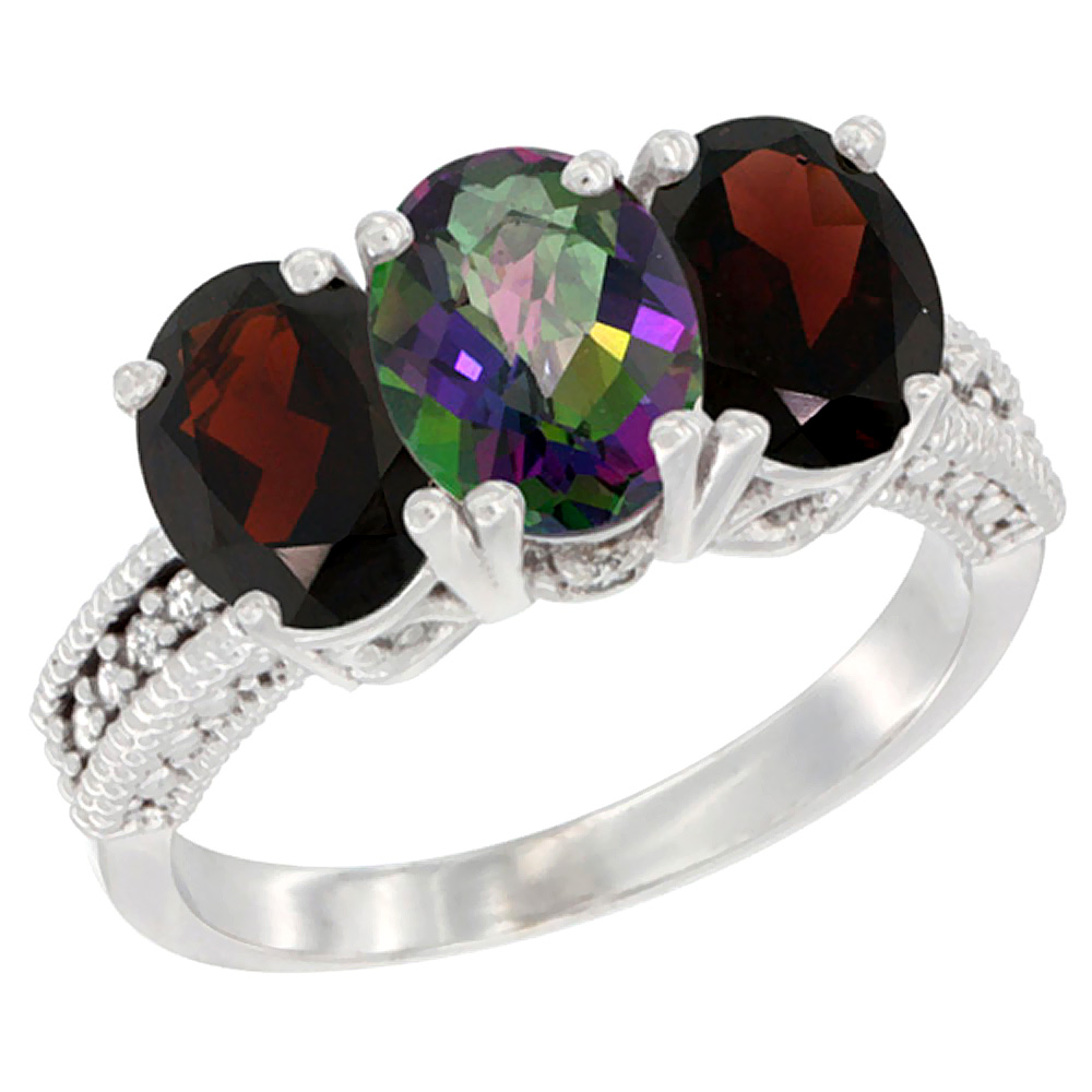 14K White Gold Natural Mystic Topaz & Garnet Sides Ring 3-Stone 7x5 mm Oval Diamond Accent, sizes 5 - 10