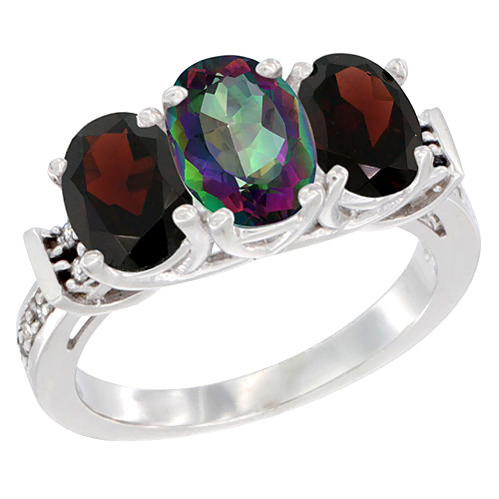 14K White Gold Natural Mystic Topaz & Garnet Sides Ring 3-Stone Oval Diamond Accent, sizes 5 - 10