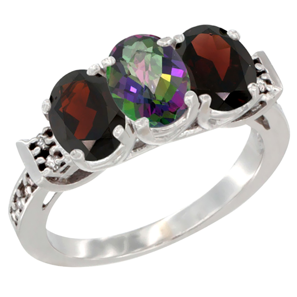 14K White Gold Natural Mystic Topaz & Garnet Sides Ring 3-Stone 7x5 mm Oval Diamond Accent, sizes 5 - 10