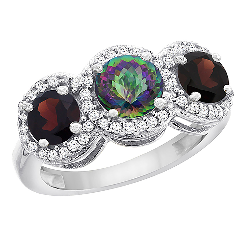 14K White Gold Natural Mystic Topaz & Garnet Sides Round 3-stone Ring Diamond Accents, sizes 5 - 10