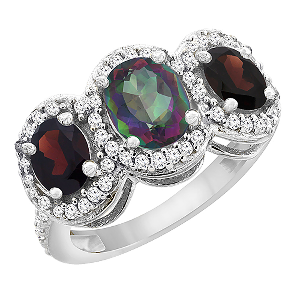 14K White Gold Natural Mystic Topaz & Garnet 3-Stone Ring Oval Diamond Accent, sizes 5 - 10