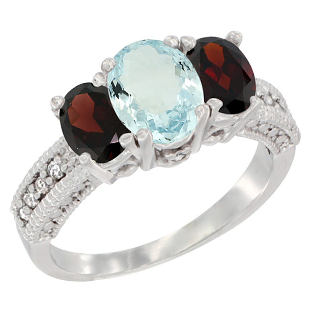 10K White Gold Diamond Natural Aquamarine Ring Oval 3-stone with Garnet, sizes 5 - 10