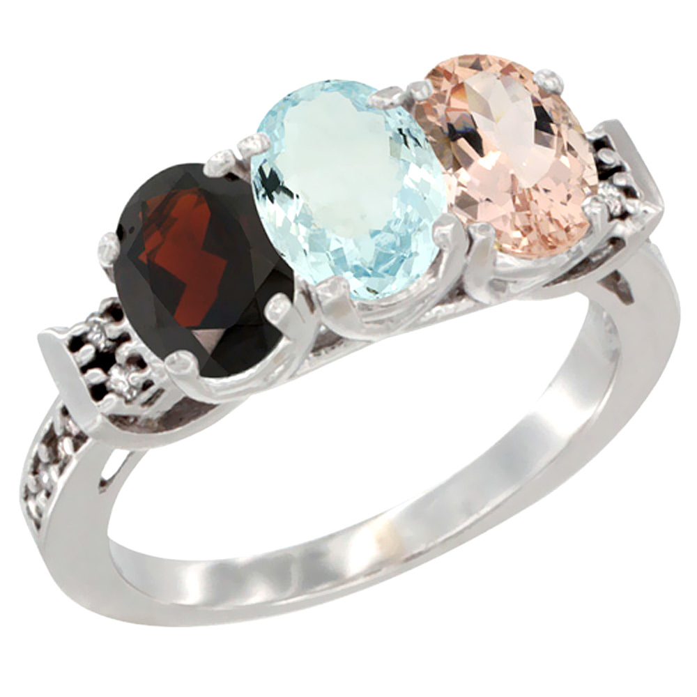 10K White Gold Natural Garnet, Aquamarine & Morganite Ring 3-Stone Oval 7x5 mm Diamond Accent, sizes 5 - 10
