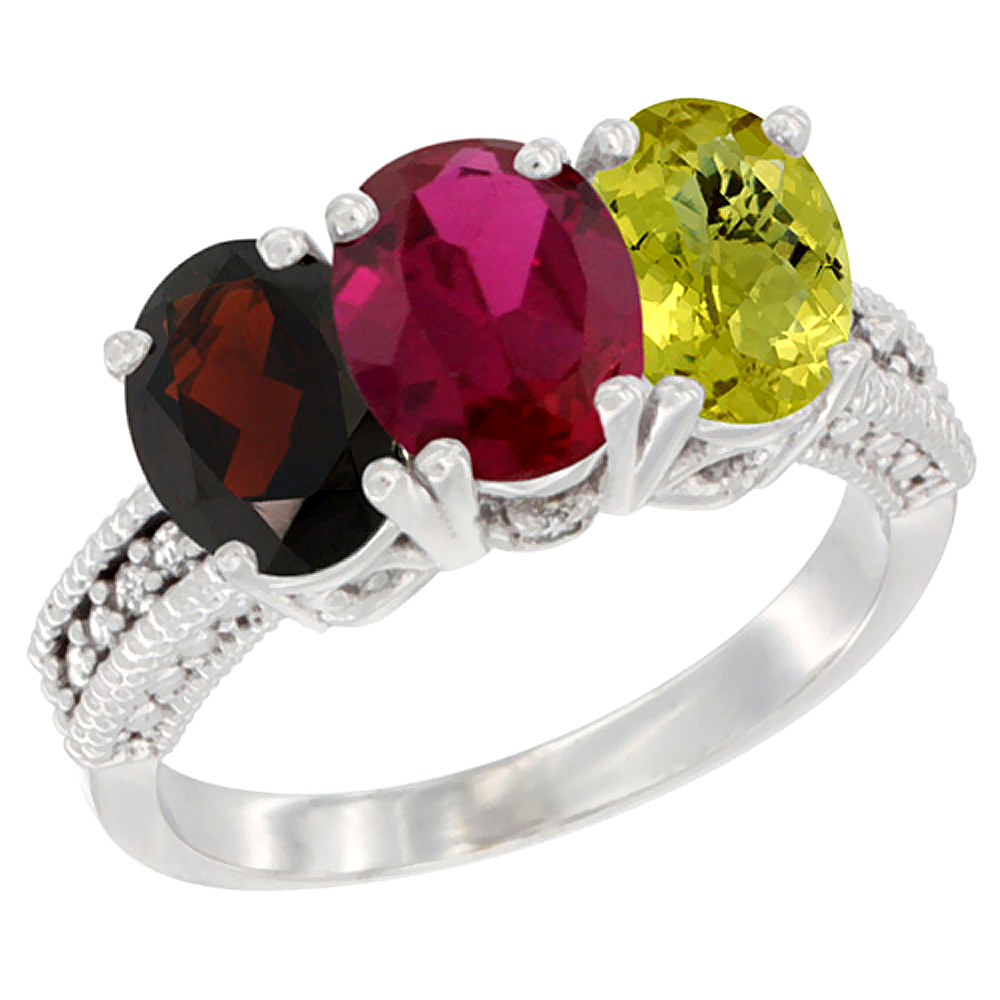 10K White Gold Natural Garnet, Enhanced Ruby & Natural Lemon Quartz Ring 3-Stone Oval 7x5 mm Diamond Accent, sizes 5 - 10