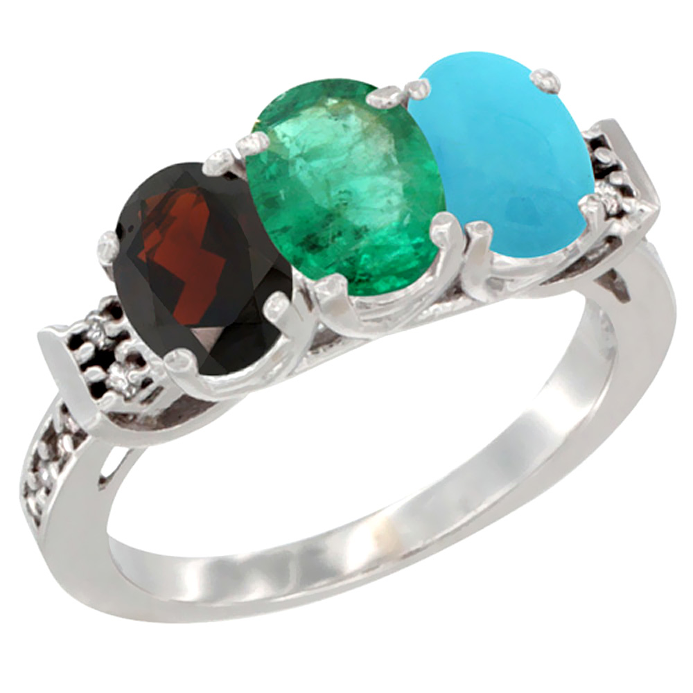 14K White Gold Natural Garnet, Emerald & Turquoise Ring 3-Stone 7x5 mm Oval Diamond Accent, sizes 5 - 10