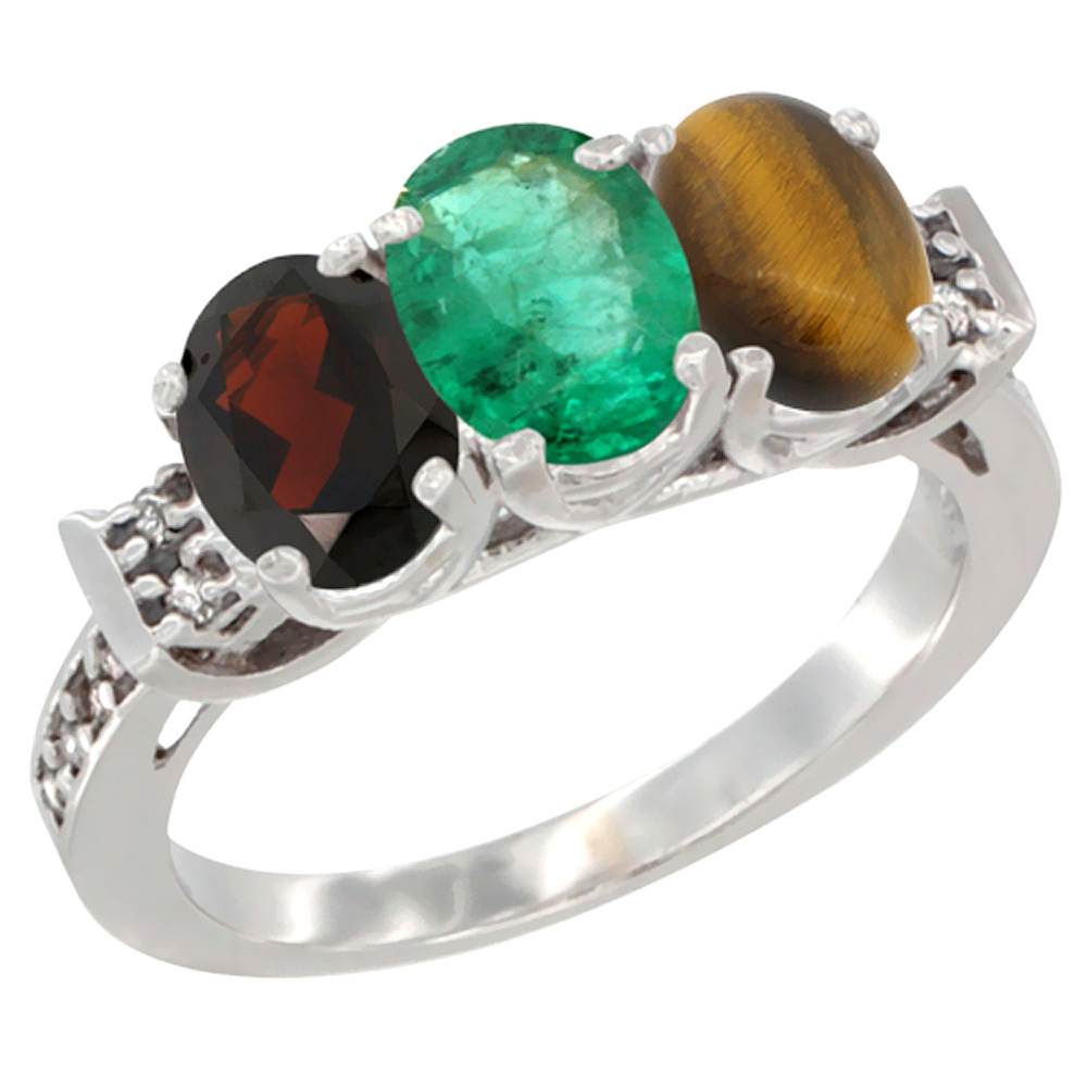14K White Gold Natural Garnet, Emerald & Tiger Eye Ring 3-Stone 7x5 mm Oval Diamond Accent, sizes 5 - 10