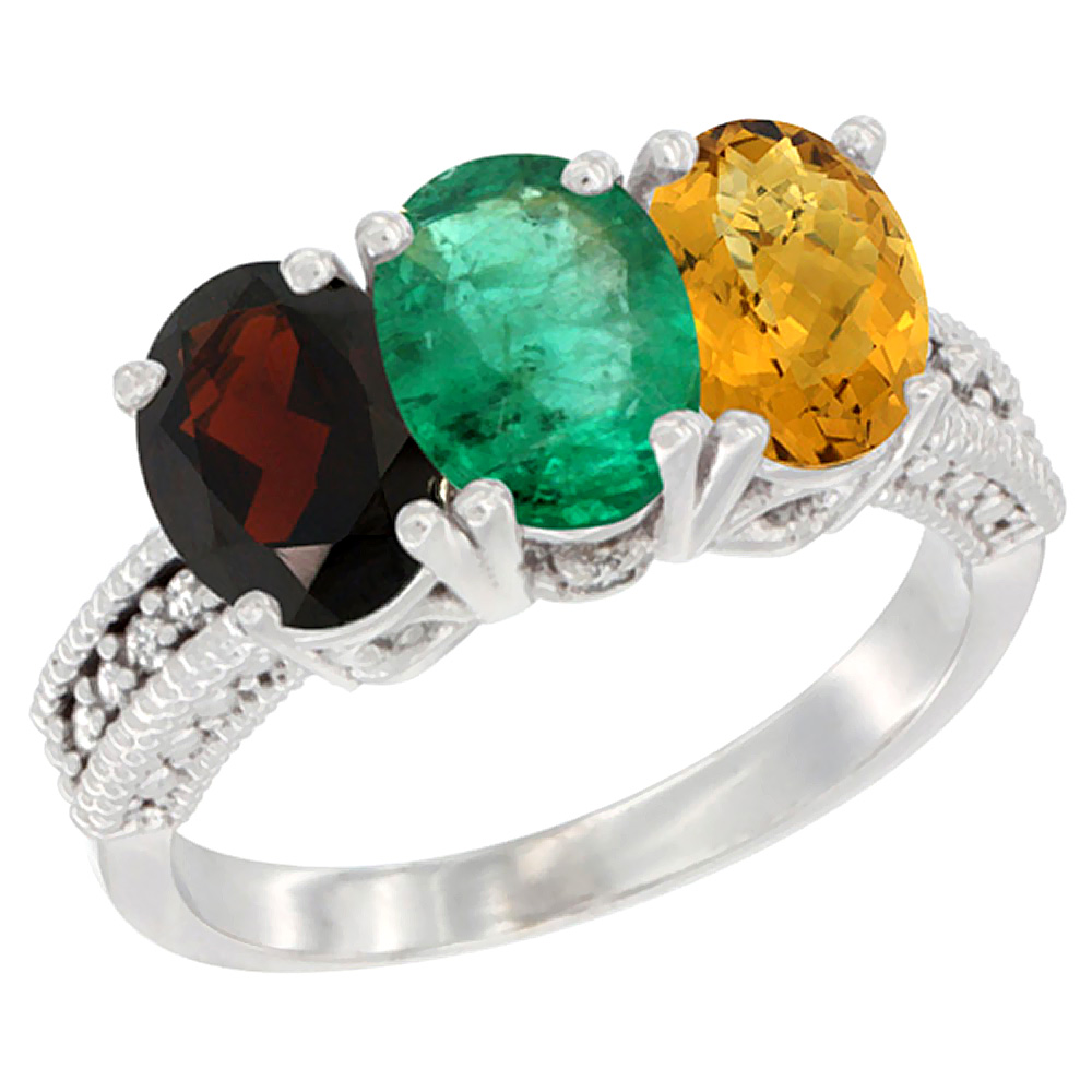 14K White Gold Natural Garnet, Emerald & Whisky Quartz Ring 3-Stone 7x5 mm Oval Diamond Accent, sizes 5 - 10