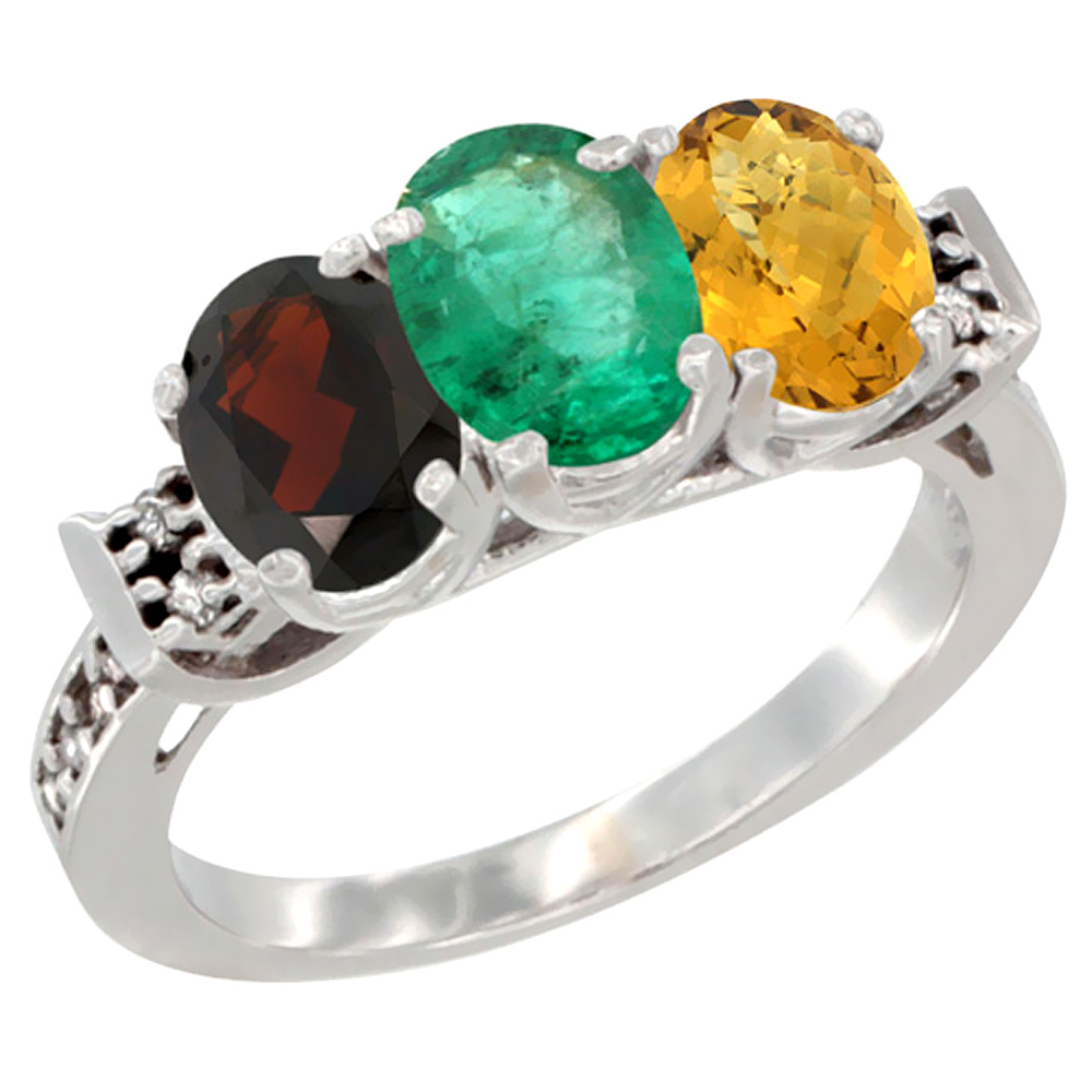 14K White Gold Natural Garnet, Emerald & Whisky Quartz Ring 3-Stone 7x5 mm Oval Diamond Accent, sizes 5 - 10