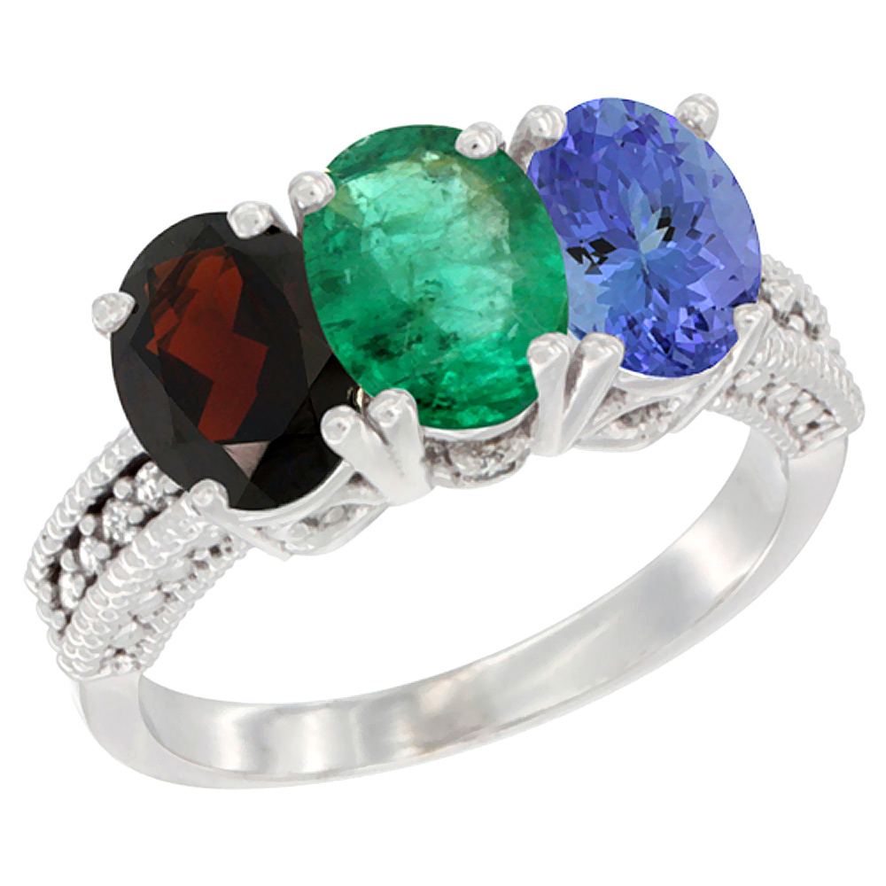 14K White Gold Natural Garnet, Emerald & Tanzanite Ring 3-Stone 7x5 mm Oval Diamond Accent, sizes 5 - 10