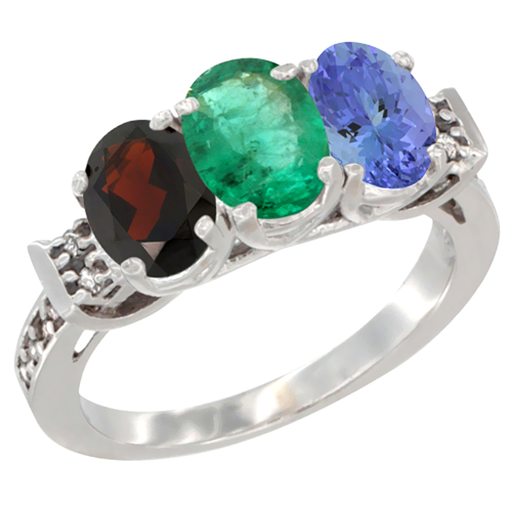 14K White Gold Natural Garnet, Emerald & Tanzanite Ring 3-Stone 7x5 mm Oval Diamond Accent, sizes 5 - 10