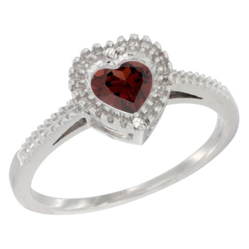 10K White Gold Natural Garnet Ring Heart 6x6 mm, sizes 5 - 10