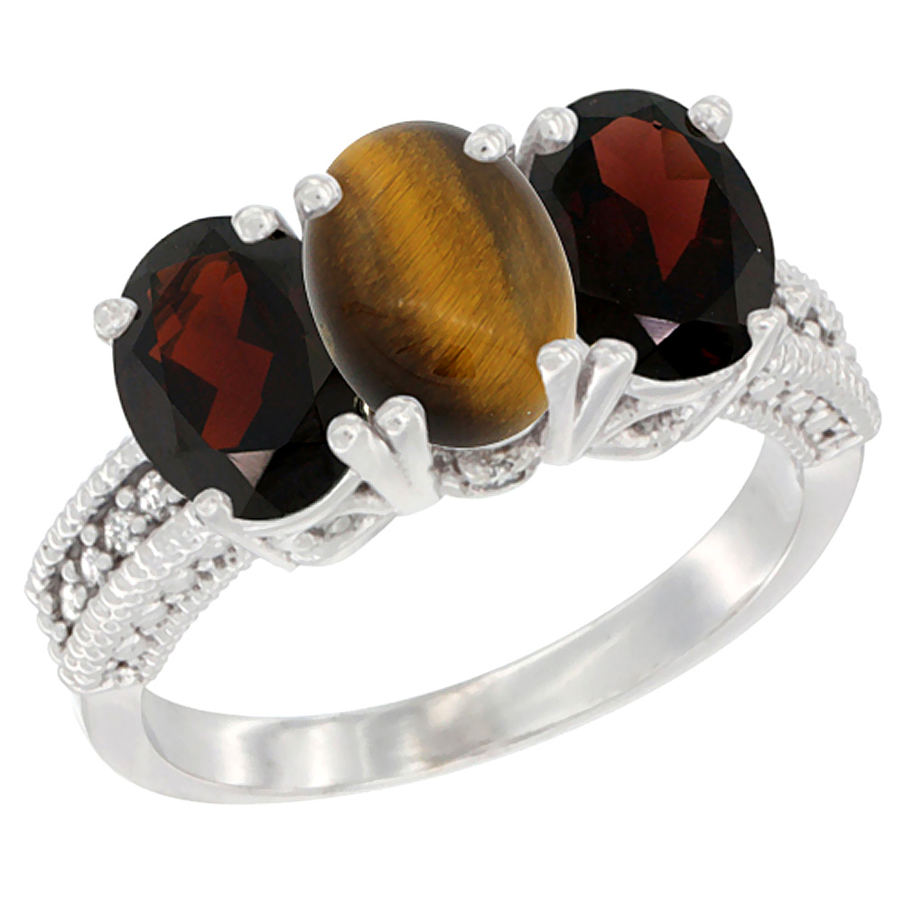 14K White Gold Natural Tiger Eye & Garnet Sides Ring 3-Stone 7x5 mm Oval Diamond Accent, sizes 5 - 10