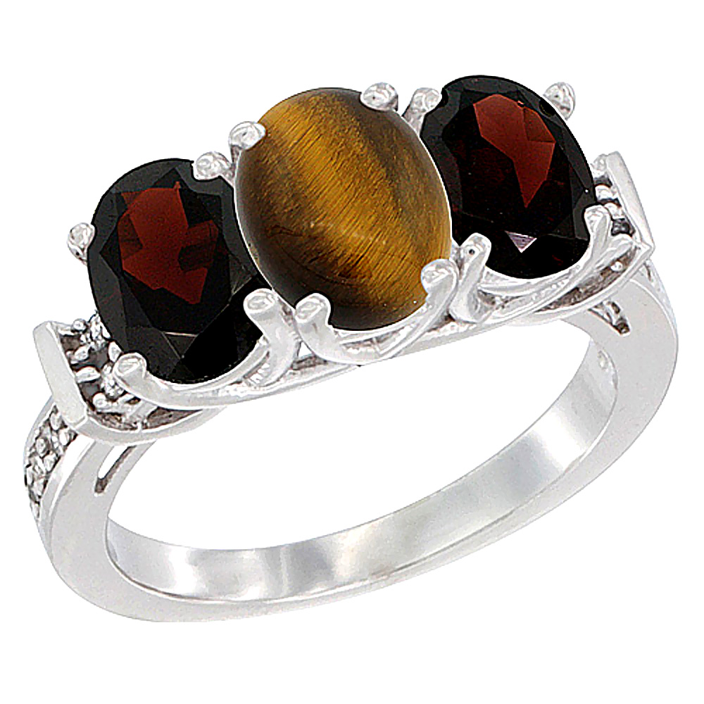 14K White Gold Natural Tiger Eye & Garnet Sides Ring 3-Stone Oval Diamond Accent, sizes 5 - 10