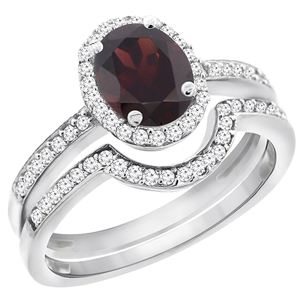 10K White Gold Diamond Natural Garnet 2-Pc. Engagement Ring Set Oval 8x6 mm, sizes 5 - 10