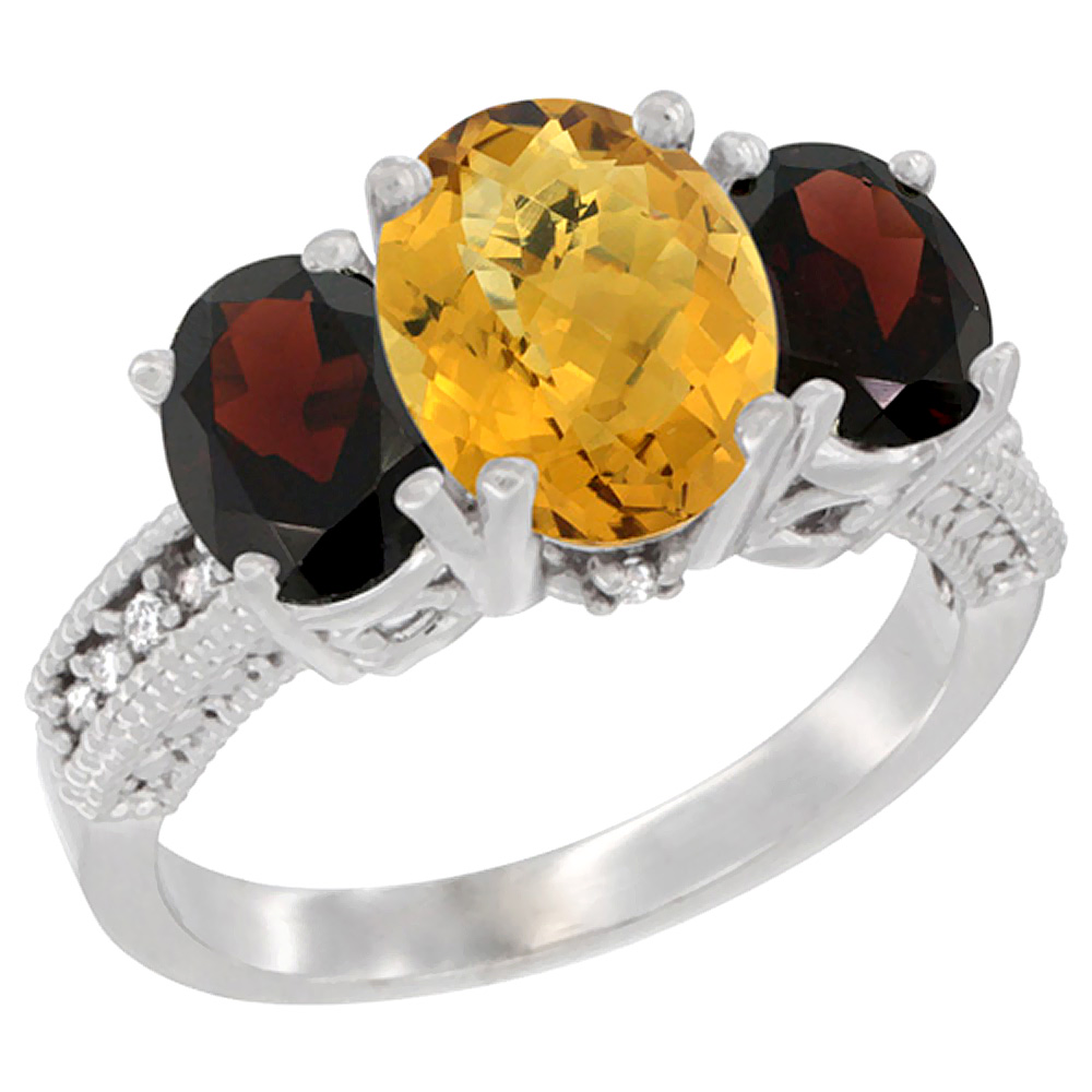 10K White Gold Diamond Natural Whisky Quartz Ring 3-Stone Oval 8x6mm with Garnet, sizes5-10