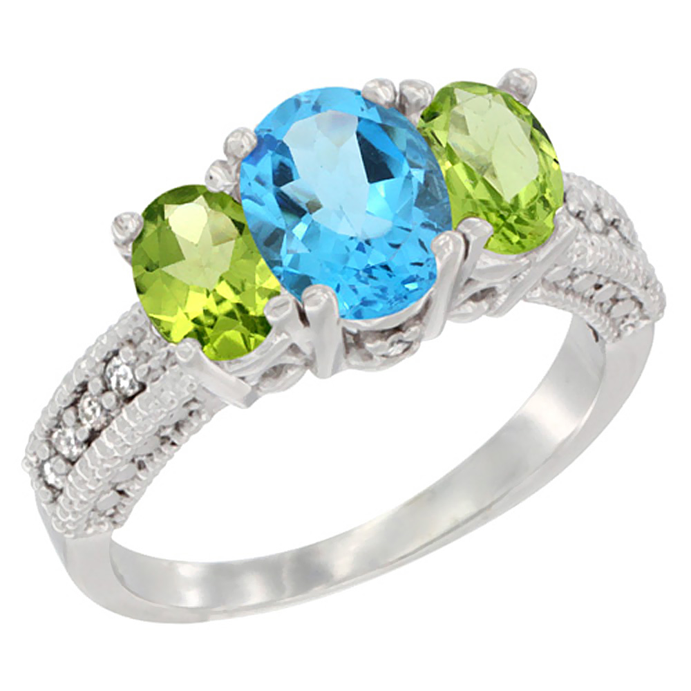14K White Gold Diamond Natural Swiss Blue Topaz Ring Oval 3-stone with Peridot, sizes 5 - 10