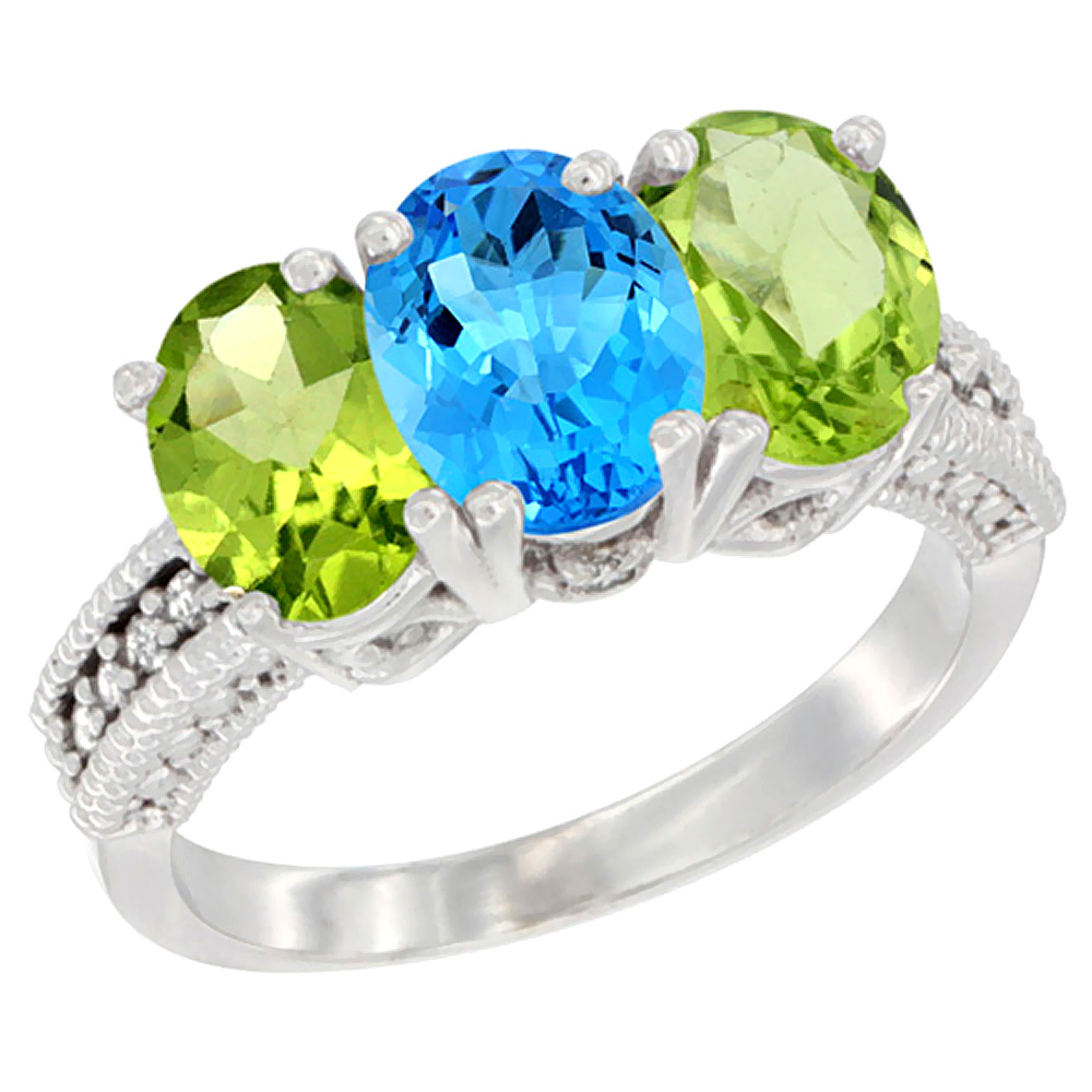 14K White Gold Natural Swiss Blue Topaz & Peridot Sides Ring 3-Stone 7x5 mm Oval Diamond Accent, sizes 5 - 10
