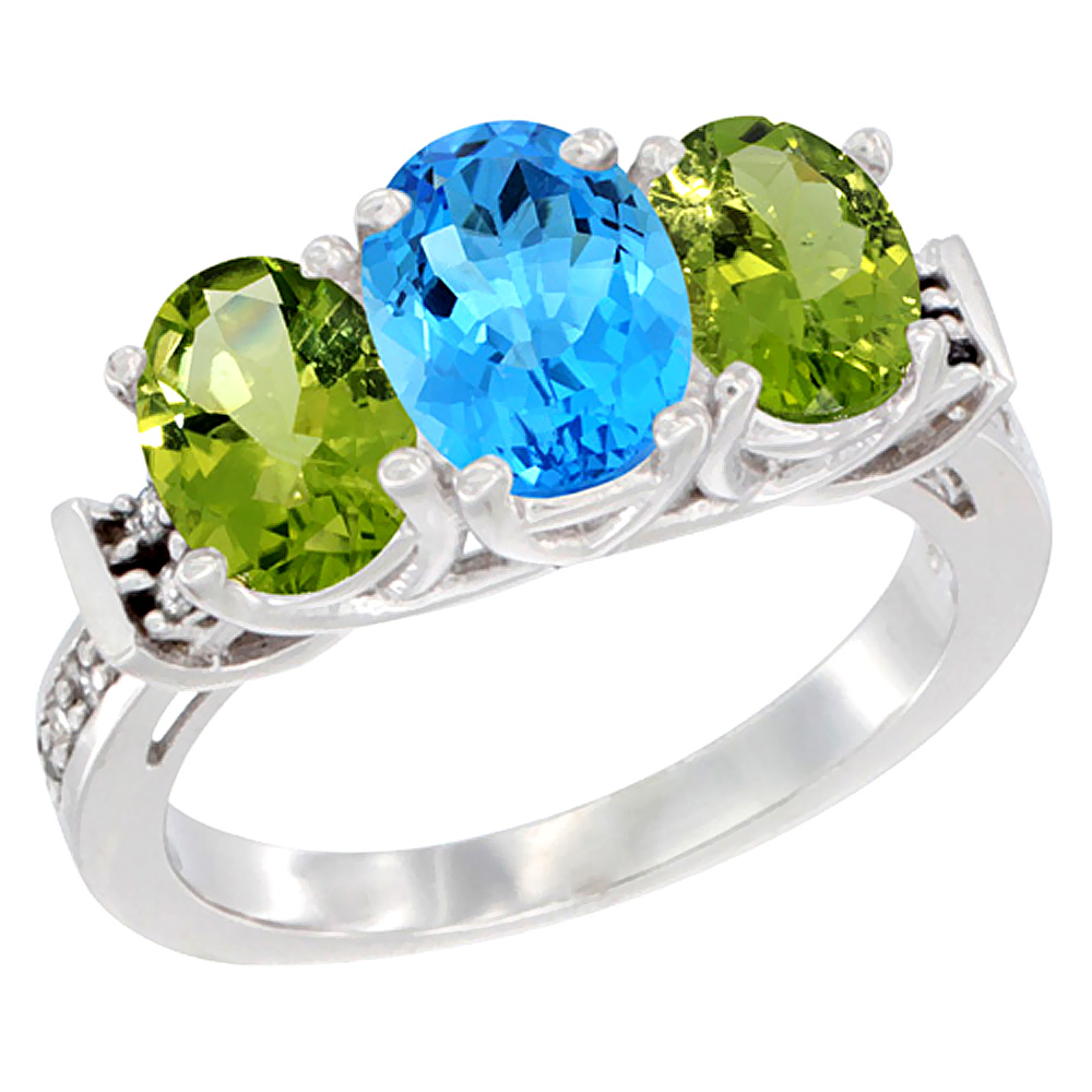 14K White Gold Natural Swiss Blue Topaz & Peridot Sides Ring 3-Stone Oval Diamond Accent, sizes 5 - 10