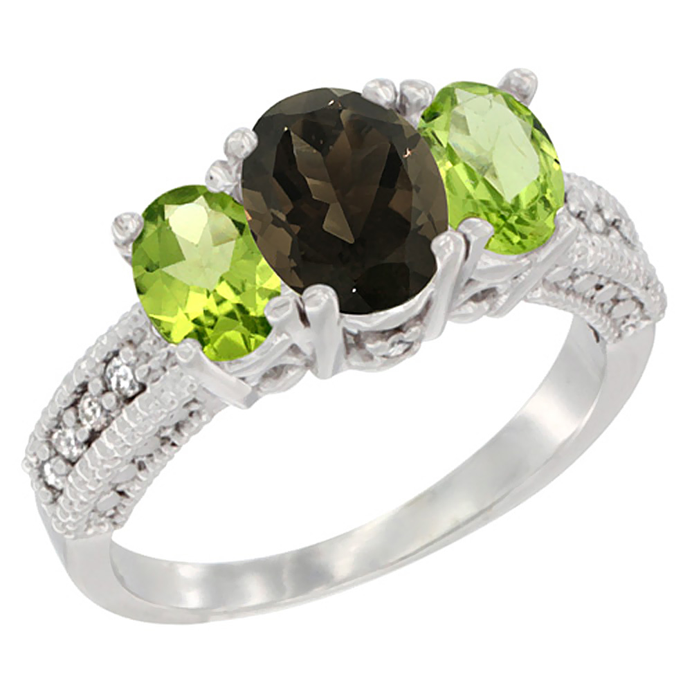 14K White Gold Diamond Natural Smoky Topaz Ring Oval 3-stone with Peridot, sizes 5 - 10