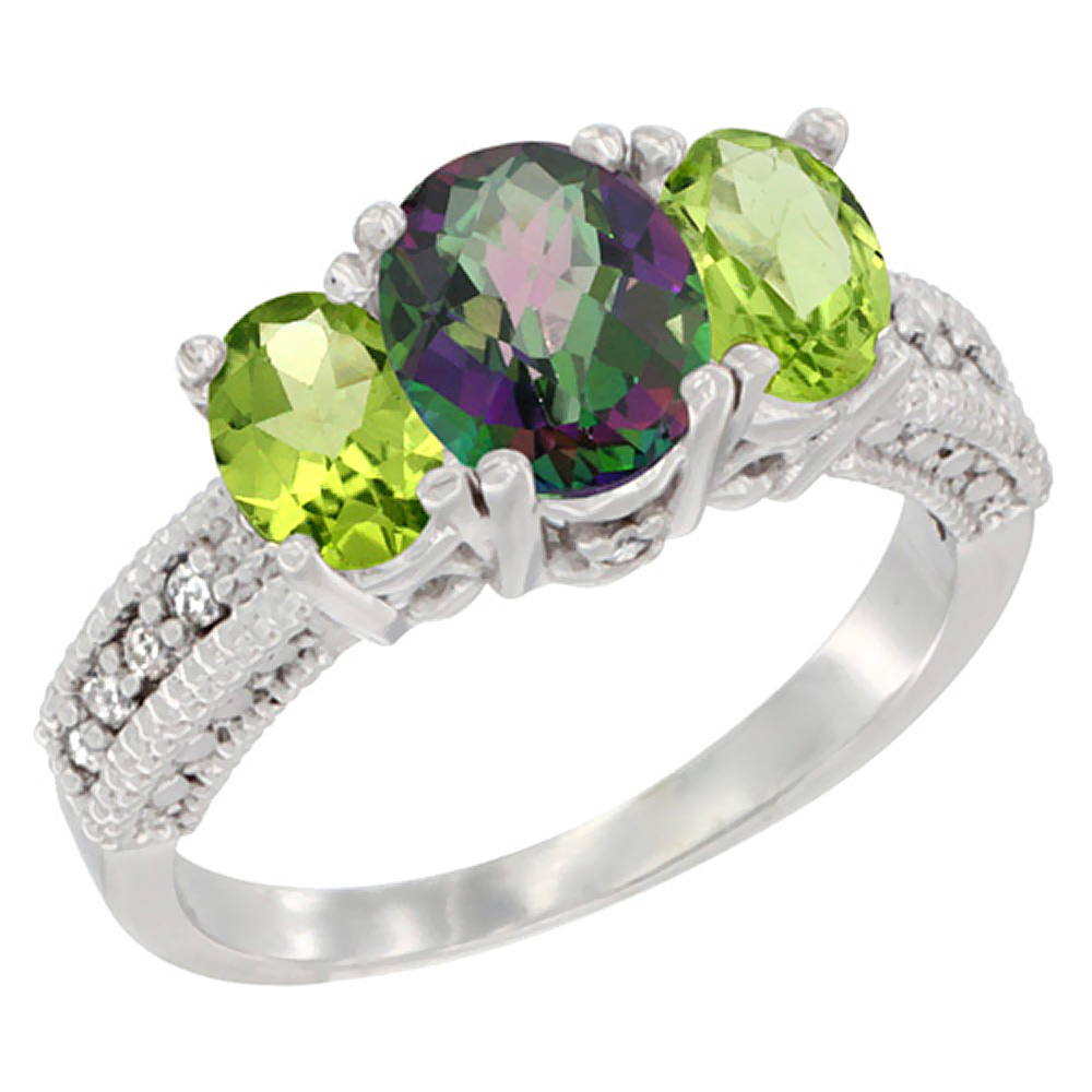 14K White Gold Diamond Natural Mystic Topaz Ring Oval 3-stone with Peridot, sizes 5 - 10