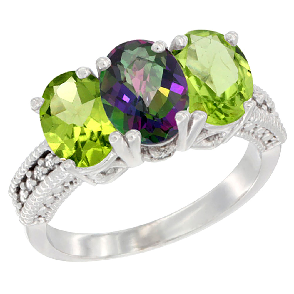 14K White Gold Natural Mystic Topaz & Peridot Sides Ring 3-Stone 7x5 mm Oval Diamond Accent, sizes 5 - 10