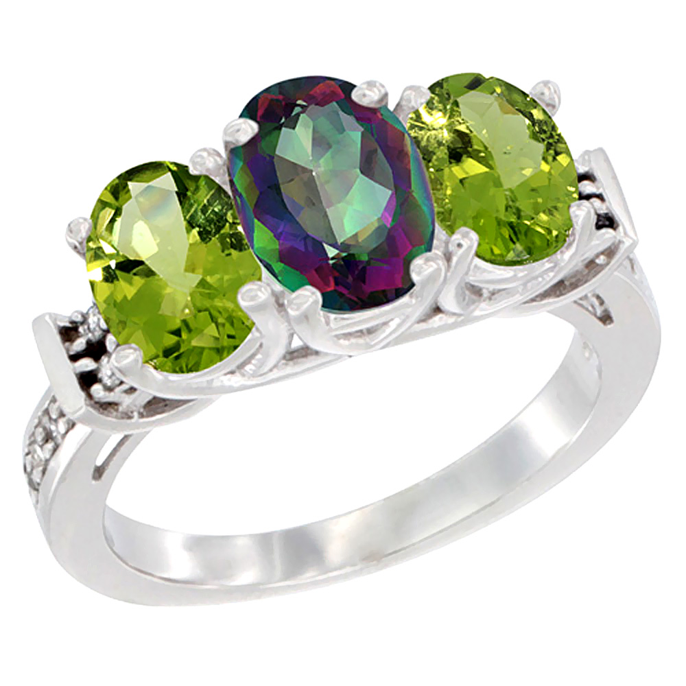 14K White Gold Natural Mystic Topaz & Peridot Sides Ring 3-Stone Oval Diamond Accent, sizes 5 - 10