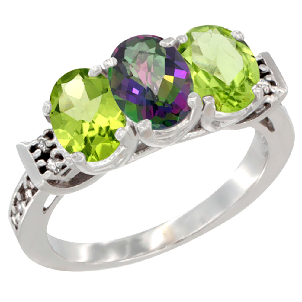 14K White Gold Natural Mystic Topaz & Peridot Sides Ring 3-Stone 7x5 mm Oval Diamond Accent, sizes 5 - 10