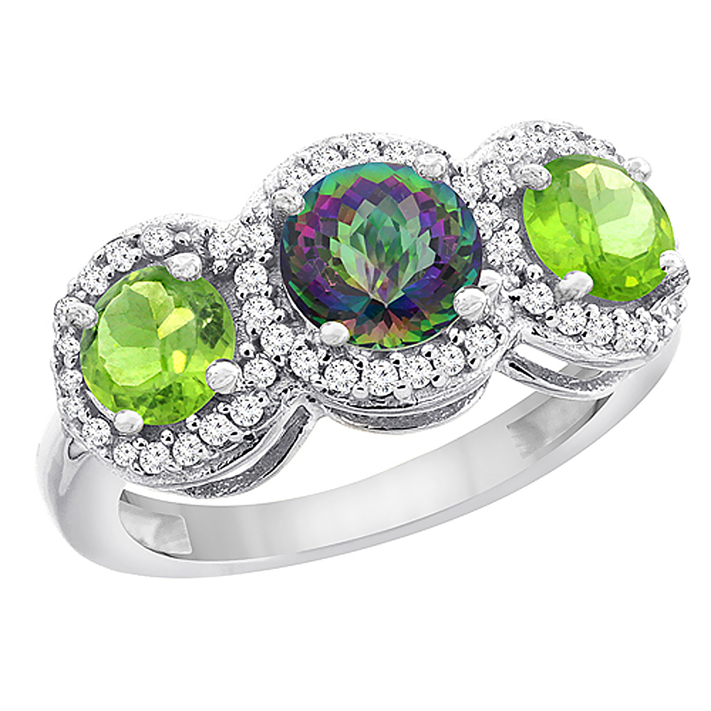 14K White Gold Natural Mystic Topaz & Peridot Sides Round 3-stone Ring Diamond Accents, sizes 5 - 10