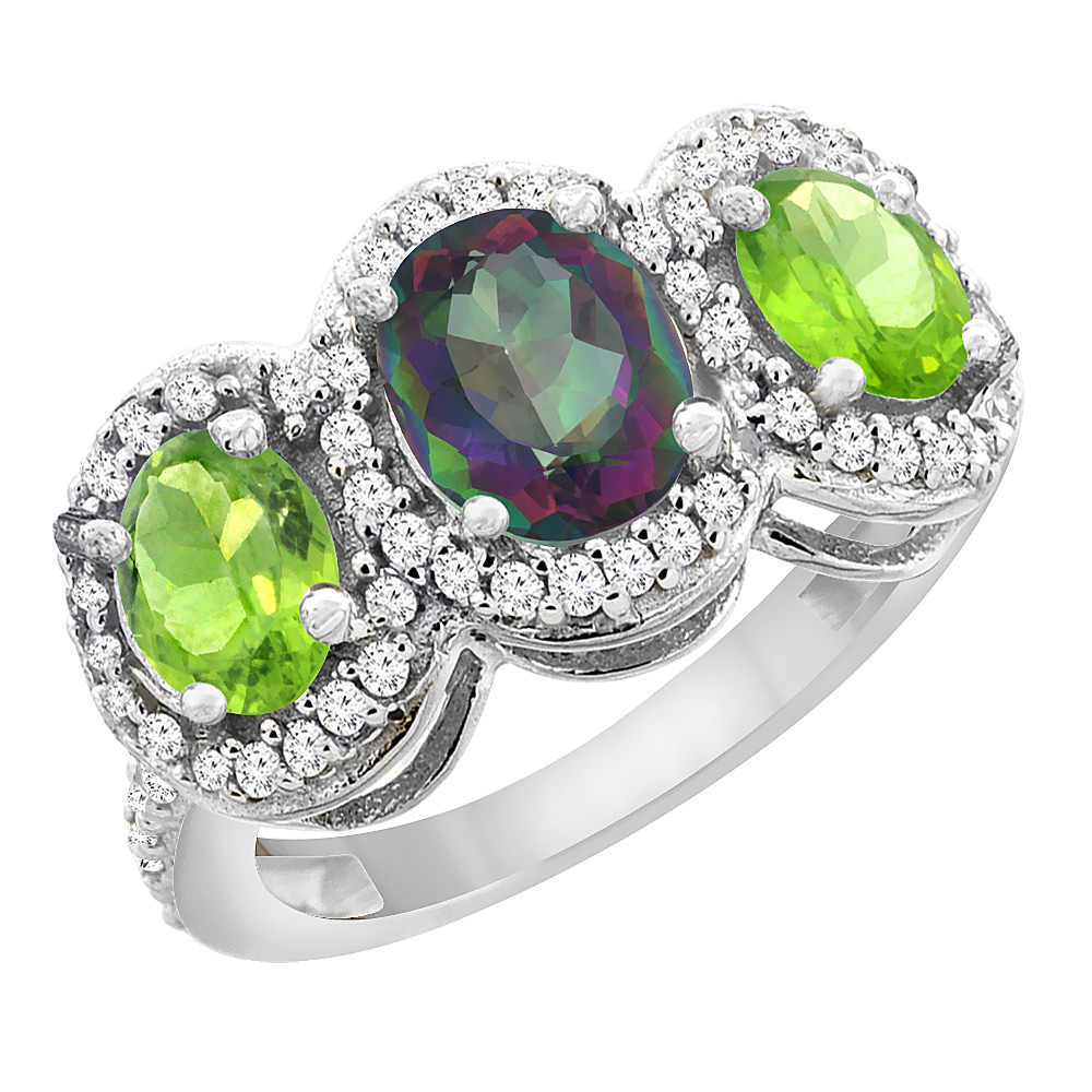 14K White Gold Natural Mystic Topaz & Peridot 3-Stone Ring Oval Diamond Accent, sizes 5 - 10