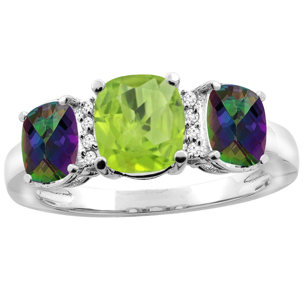 14K White Gold Natural Peridot & Mystic Topaz 3-stone Ring Cushion 8x6mm Diamond Accent, sizes 5 - 10