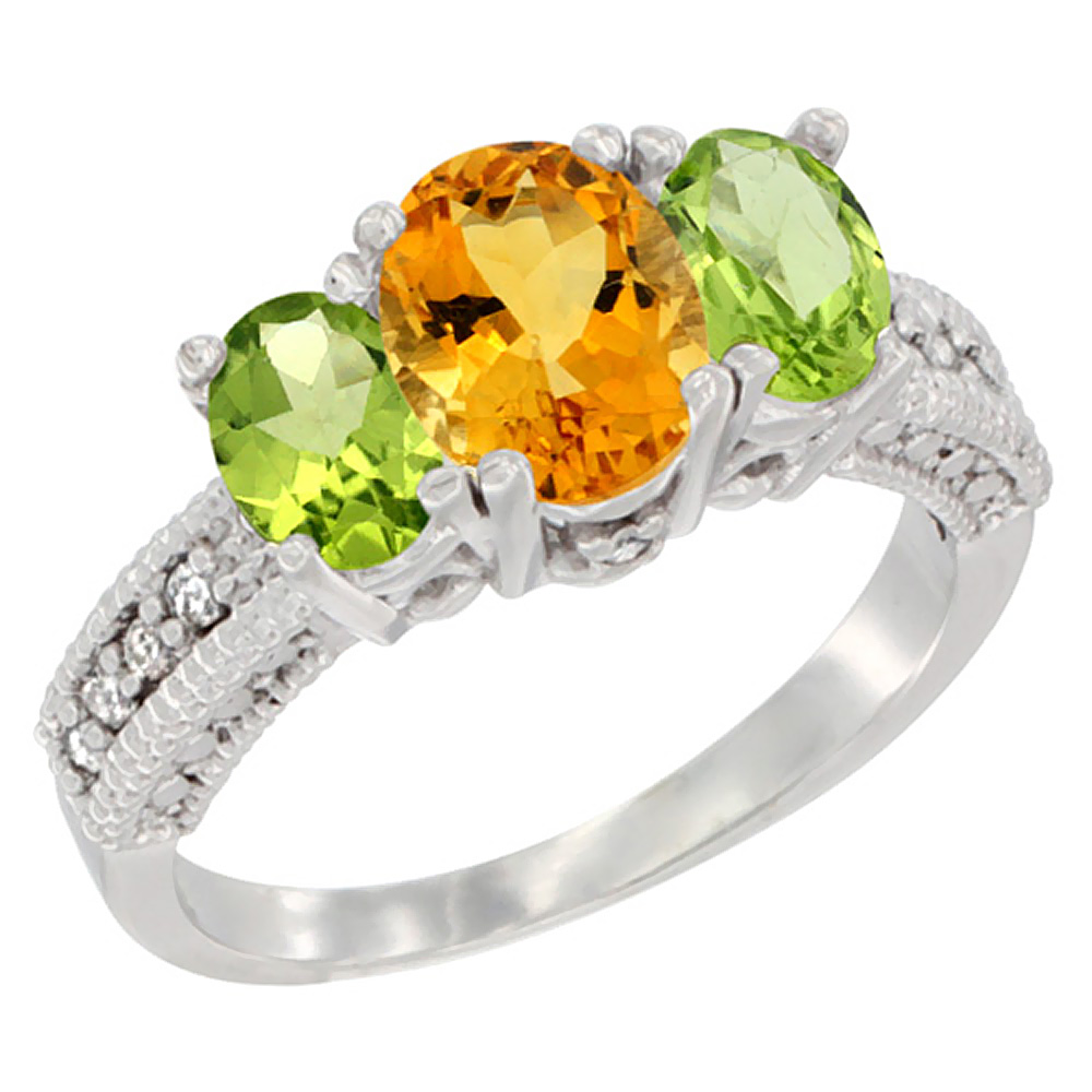 14K White Gold Diamond Natural Citrine Ring Oval 3-stone with Peridot, sizes 5 - 10