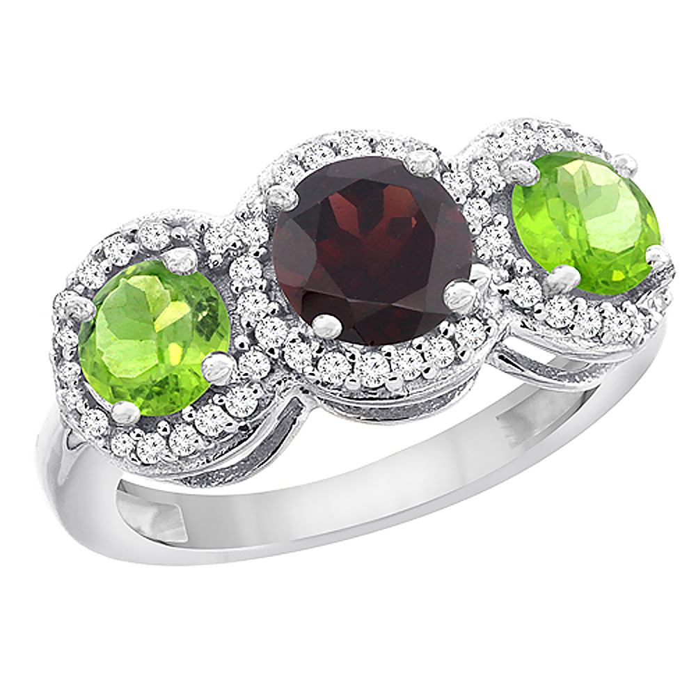 10K White Gold Natural Garnet & Peridot Sides Round 3-stone Ring Diamond Accents, sizes 5 - 10