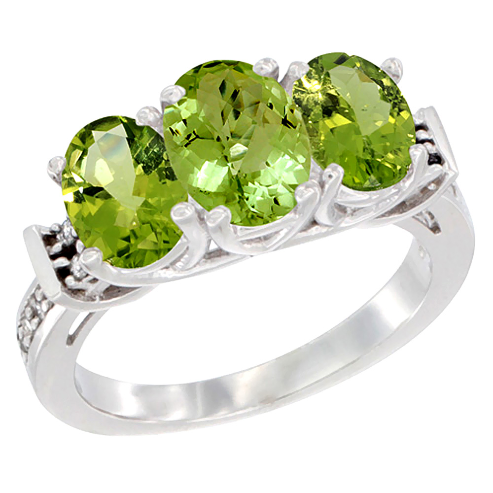 14K White Gold Natural Peridot Ring 3-Stone Oval Diamond Accent, sizes 5 - 10