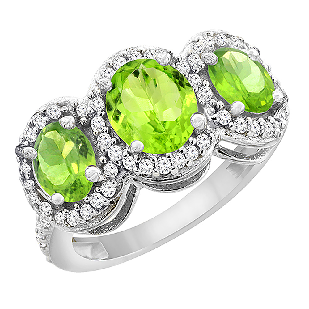 14K White Gold Natural Peridot 3-Stone Ring Oval Diamond Accent, sizes 5 - 10