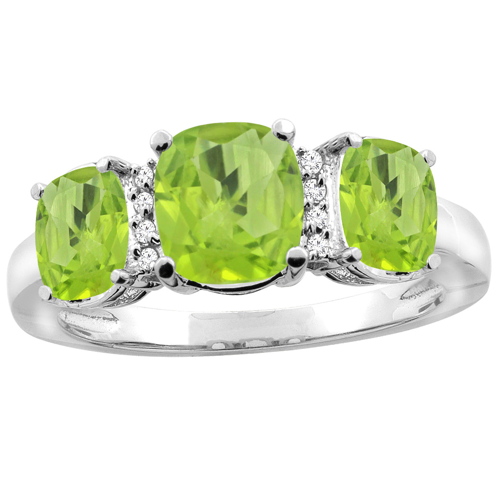 14K White Gold Natural Peridot 3-stone Ring Cushion 8x6mm Diamond Accent, sizes 5 - 10