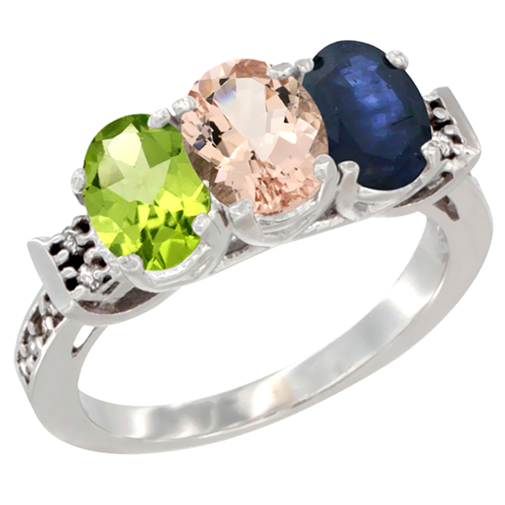 14K White Gold Natural Peridot, Morganite & Blue Sapphire Ring 3-Stone Oval 7x5 mm Diamond Accent, sizes 5 - 10