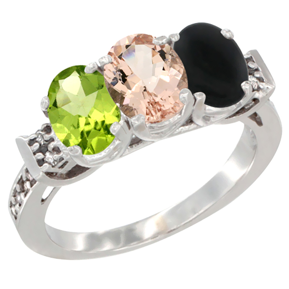 14K White Gold Natural Peridot, Morganite & Black Onyx Ring 3-Stone Oval 7x5 mm Diamond Accent, sizes 5 - 10