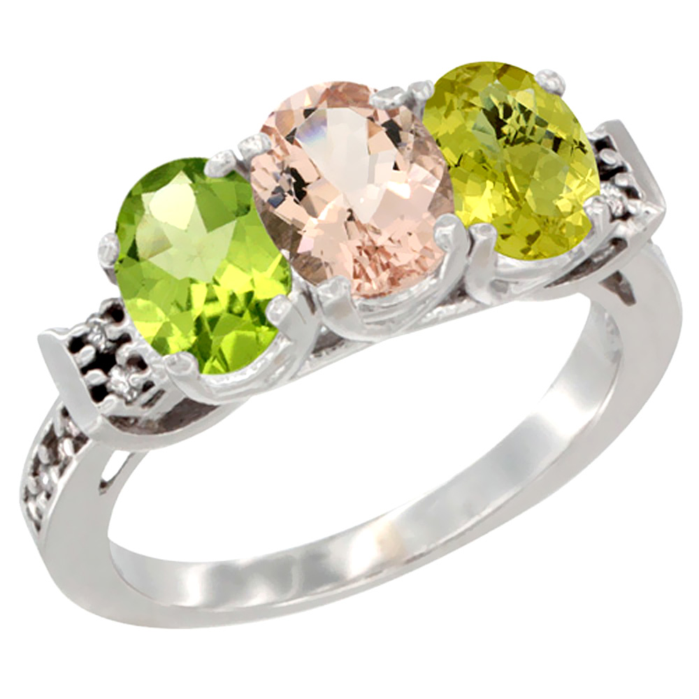 10K White Gold Natural Peridot, Morganite & Lemon Quartz Ring 3-Stone Oval 7x5 mm Diamond Accent, sizes 5 - 10