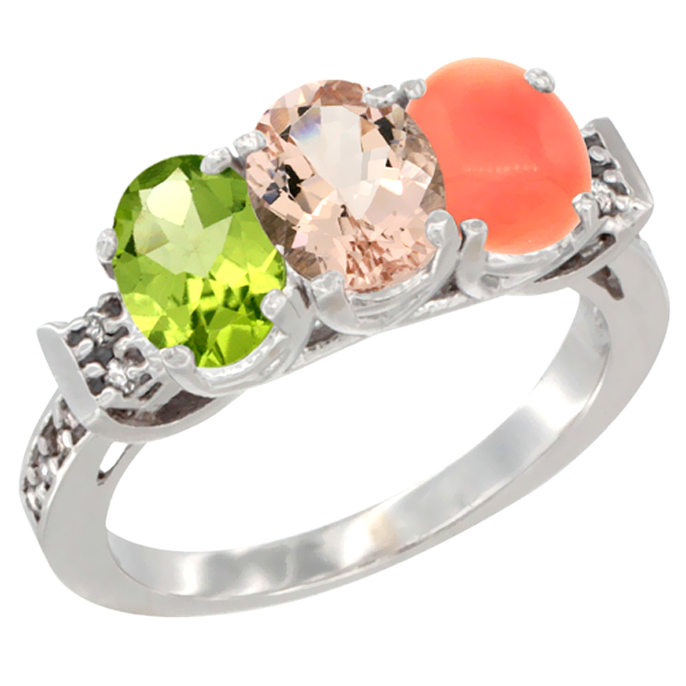 10K White Gold Natural Peridot, Morganite & Coral Ring 3-Stone Oval 7x5 mm Diamond Accent, sizes 5 - 10